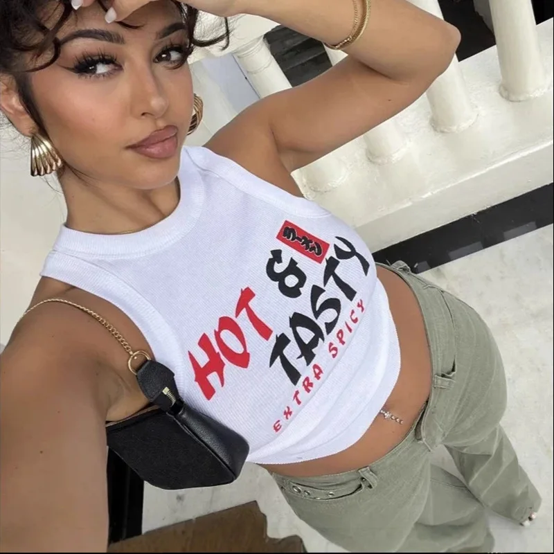 2025 Donne di estate senza maniche girocollo sottile stile corto ombelico esposto Top sexy hottie dolce fresco strada lettera stampata gilet