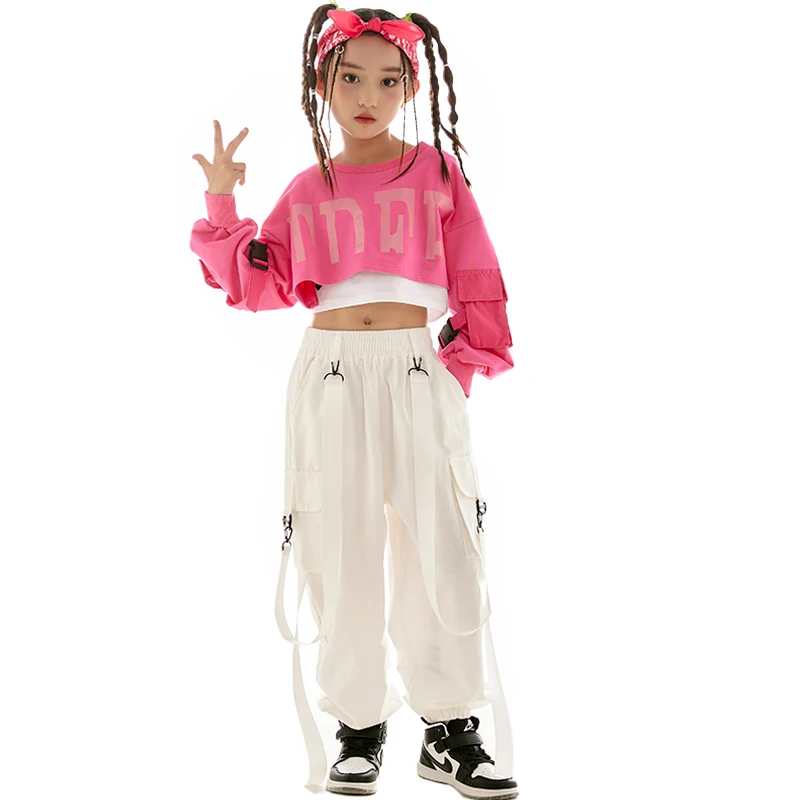 Kpop Kids Hip Hop Dance Clothes For Girls Pink Crop Tops Loose White Pants Modern Jazz Performance Costume Rave Outfit BL9560