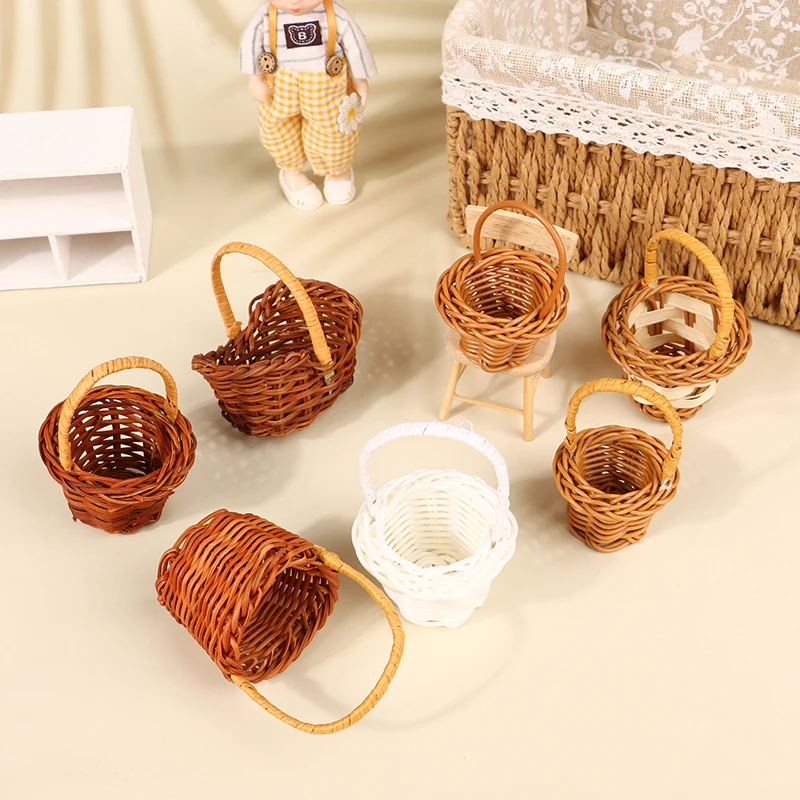 1Pcs Dollhouse Miniature Woven Flower Basket Hand Basket Storage Basket Kids Pretend Play Toy Doll House Accessories