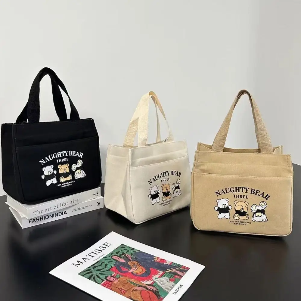 Reusable Cartoon Handbag Canvas Picnic Breakfast Storage Portable Handbag Three Little bears Japanese Style Lunch Bags