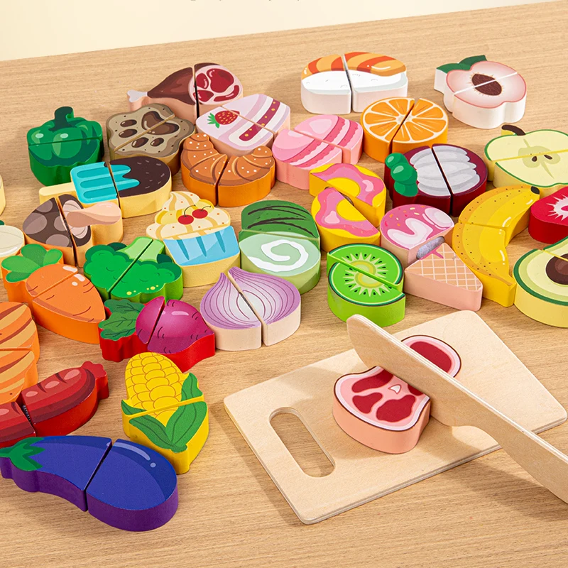 Bebê de madeira montessori fingir jogar brinquedos de cozinha frutas e vegetais corte de alimentos jogar casa interativa crianças educacional