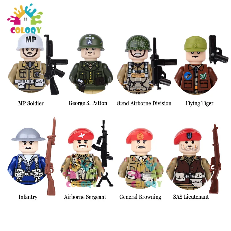 Kids Toys WW2 Army Building Blocks US UK Flying Tiger MP Soldiers Mini Action Figures Medal Toys For Kids Christmas Gifts