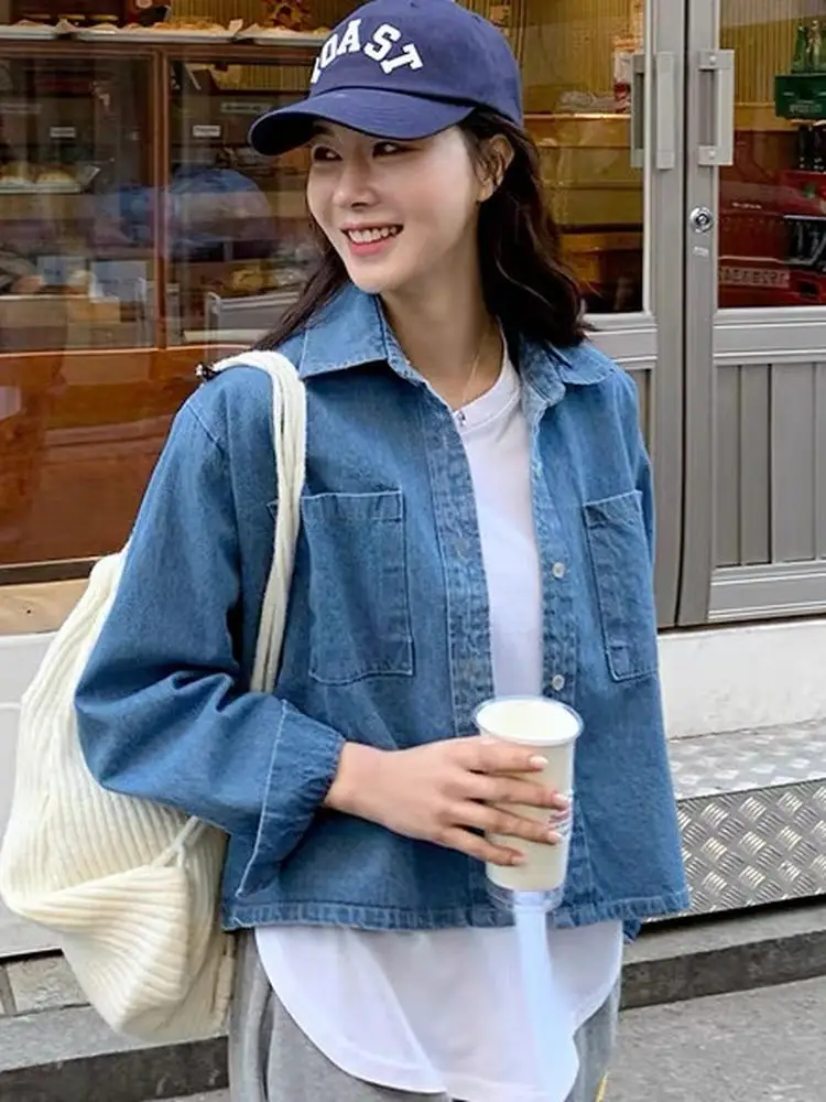 Women's Slimming ort Denim irt Double ket Loose Fit Waed  Collar Thin Outerwear Casual Commute Sle Cotton Blend