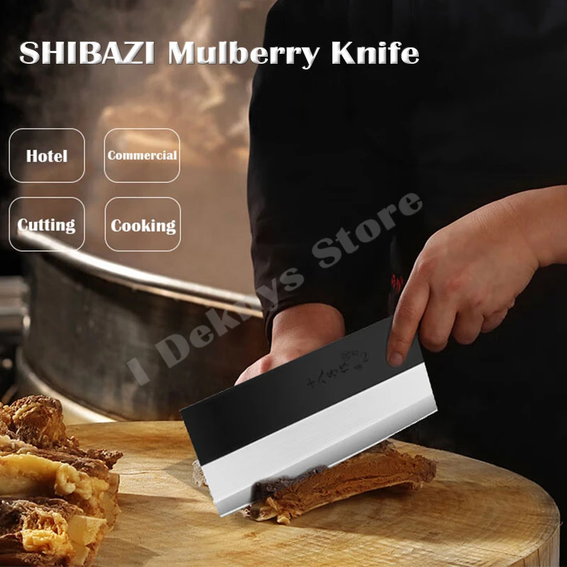 SHIBAZI Professional Kitchen Knives Handmade Carbon Steel With Pear Wooden Handle Chef\'s Cleaver Meat Fish Slicing Butcher Knife