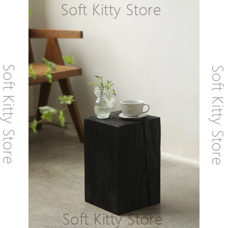 Black Wabi-Sabi Solid Wood Square Side Stand With Storage Shelf Zen Living Room Sofa End Organizer For Tea Supplies