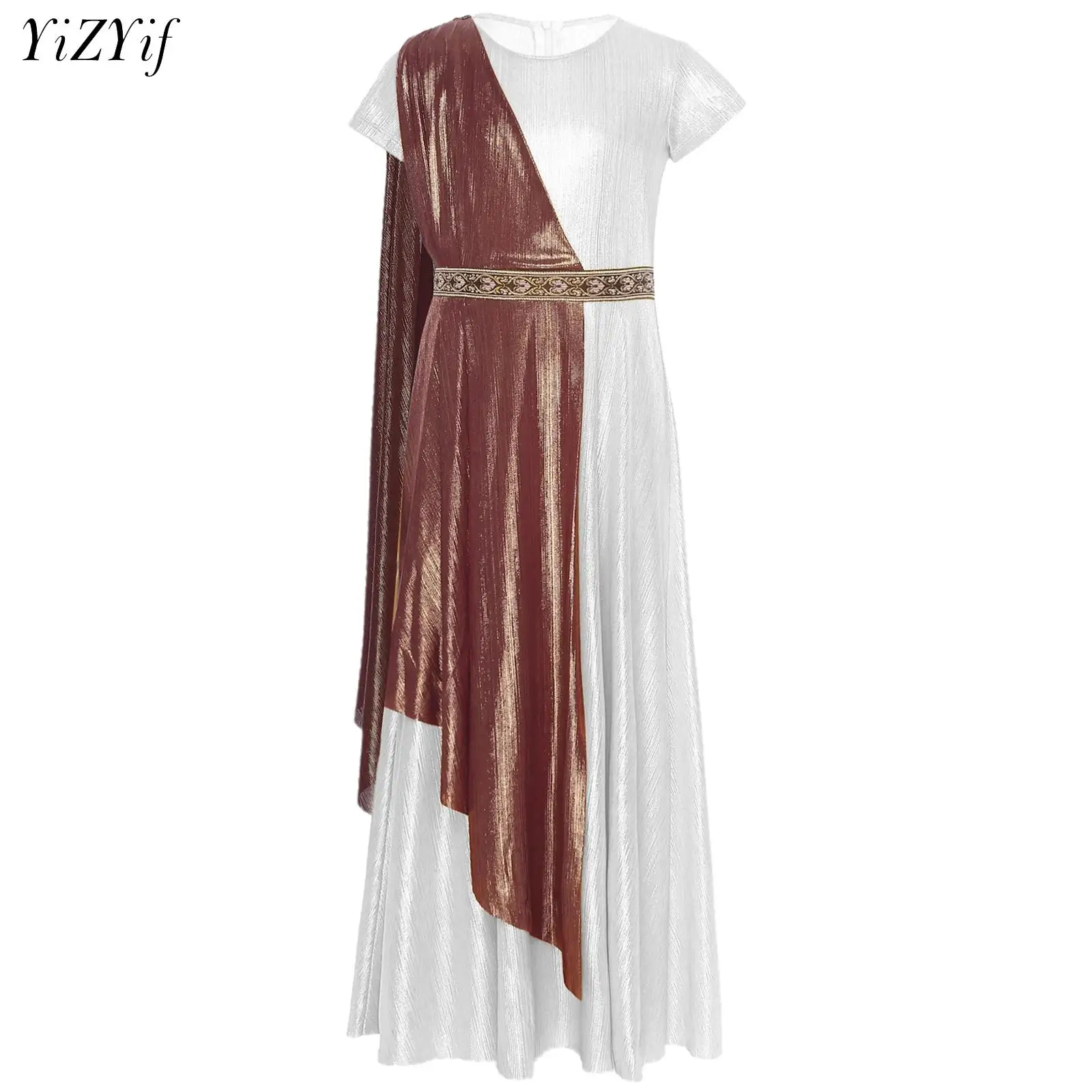 Disfraz de Cosplay de Atenas griega antigua para chicas adolescentes, fiesta de Halloween, Toga romana griega, vestido Vintage metálico de manga corta