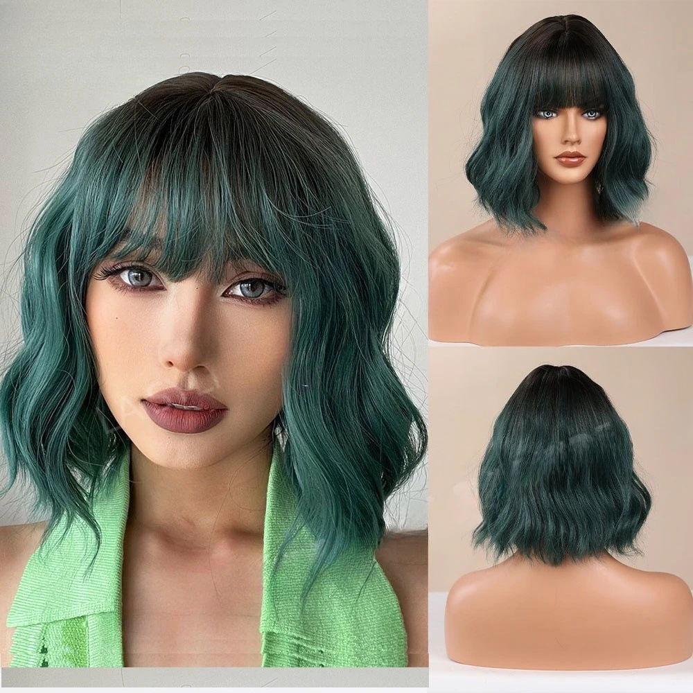 

Black gradual change dark green Qi bangs BOBO medium and long curly hair mechanism European and American chemical fiber wig fema