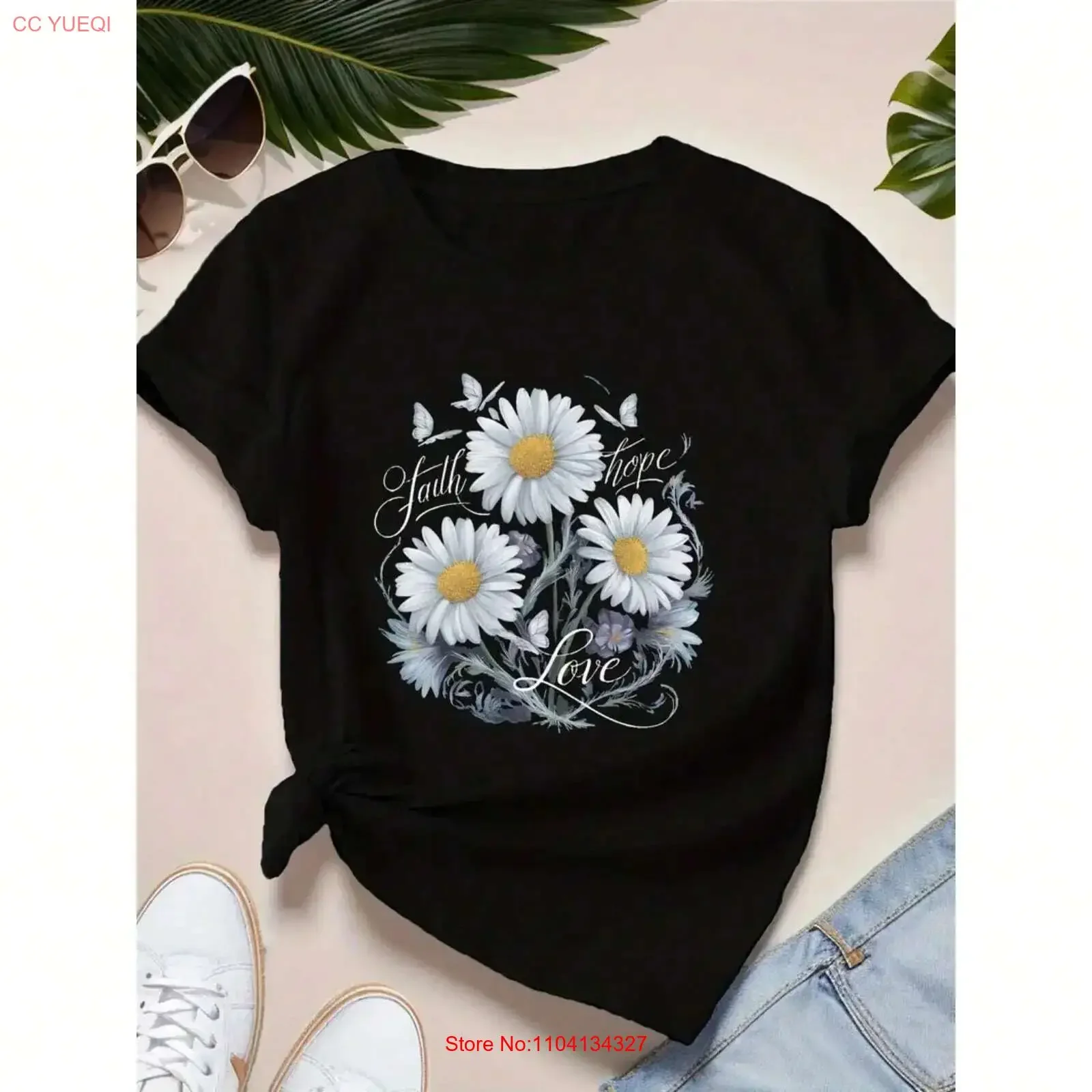Women's Daisy Pattern T shirt Faith Hope Love  vintage Washed Stylish Versatile homme Unisex Breathable Stretched