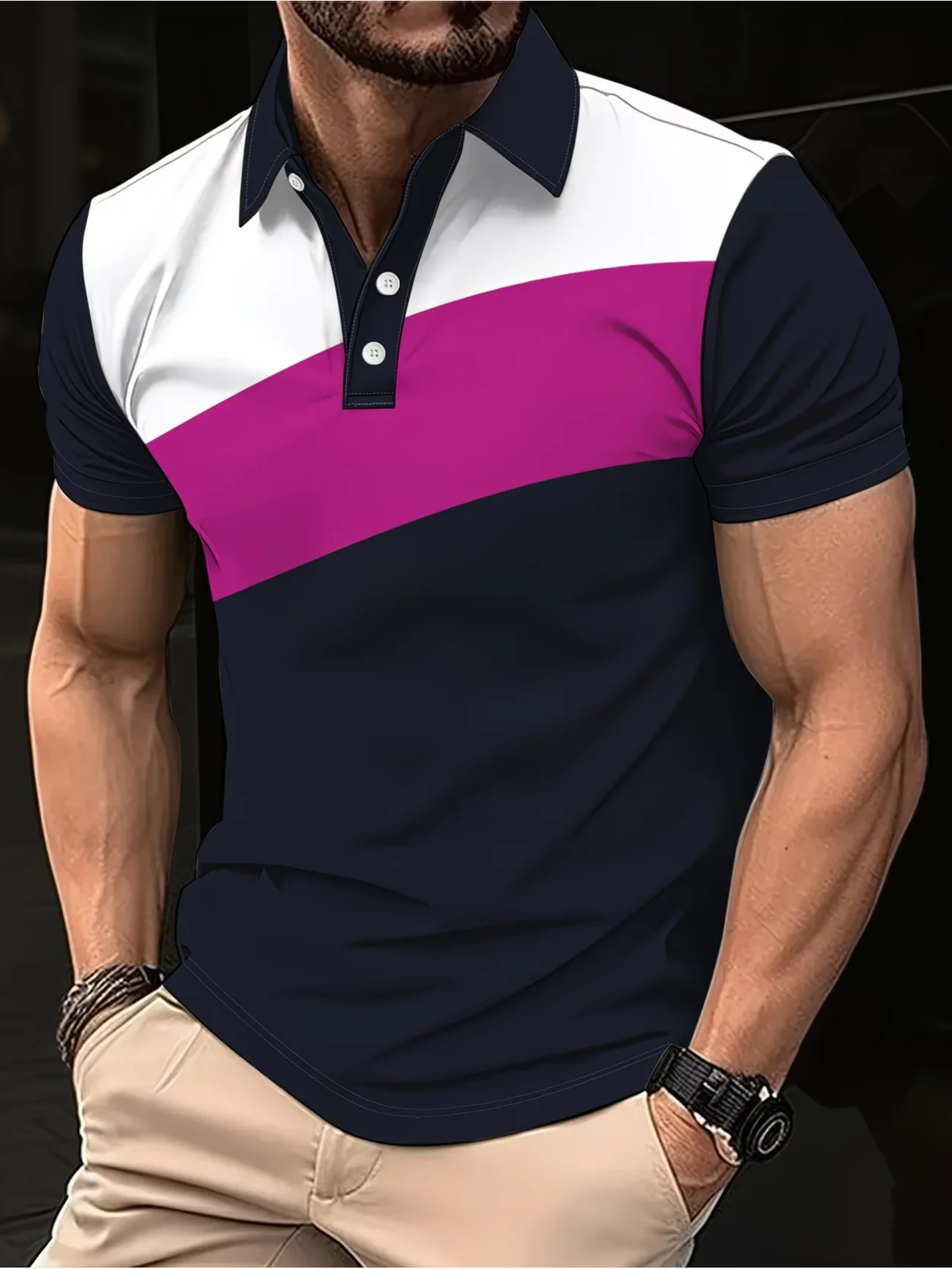 New men's printed polo shirt with contrasting colors and decorative lines, simple and stylish short sleeves suitable for daily w