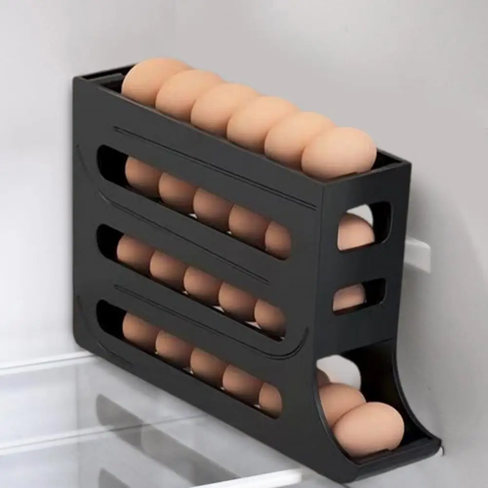 Egg Slide Groove Design Capacity Fridge Egg Storage Box with Four Tiers Automatic Rolling Egg Organizer for Refrigerator Side