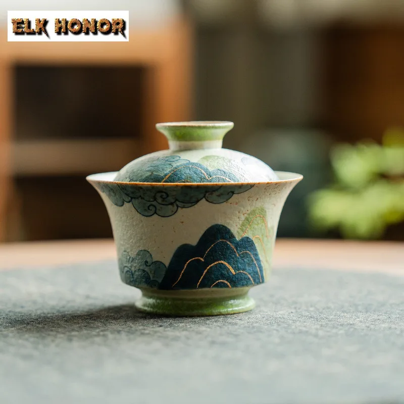 

130ml Hand-painted Tracing Gold Green Mountains Gaiwan Zen Tea Tureen Tea Bowl With Lid Kit Tea Maker Cover Bowl Teaset Supplies