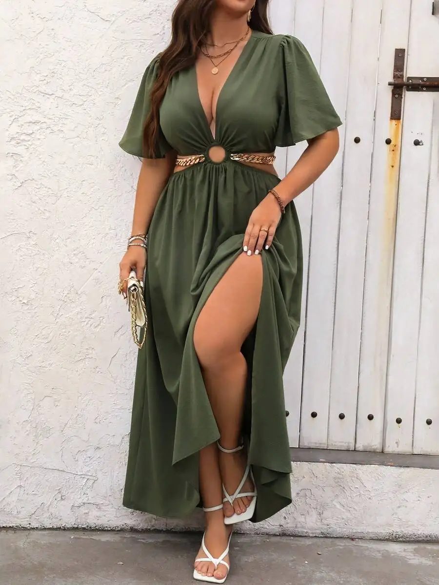 

Olive Green Deep V-Neck Maxi Dress with Waist Cutout and Thigh Split