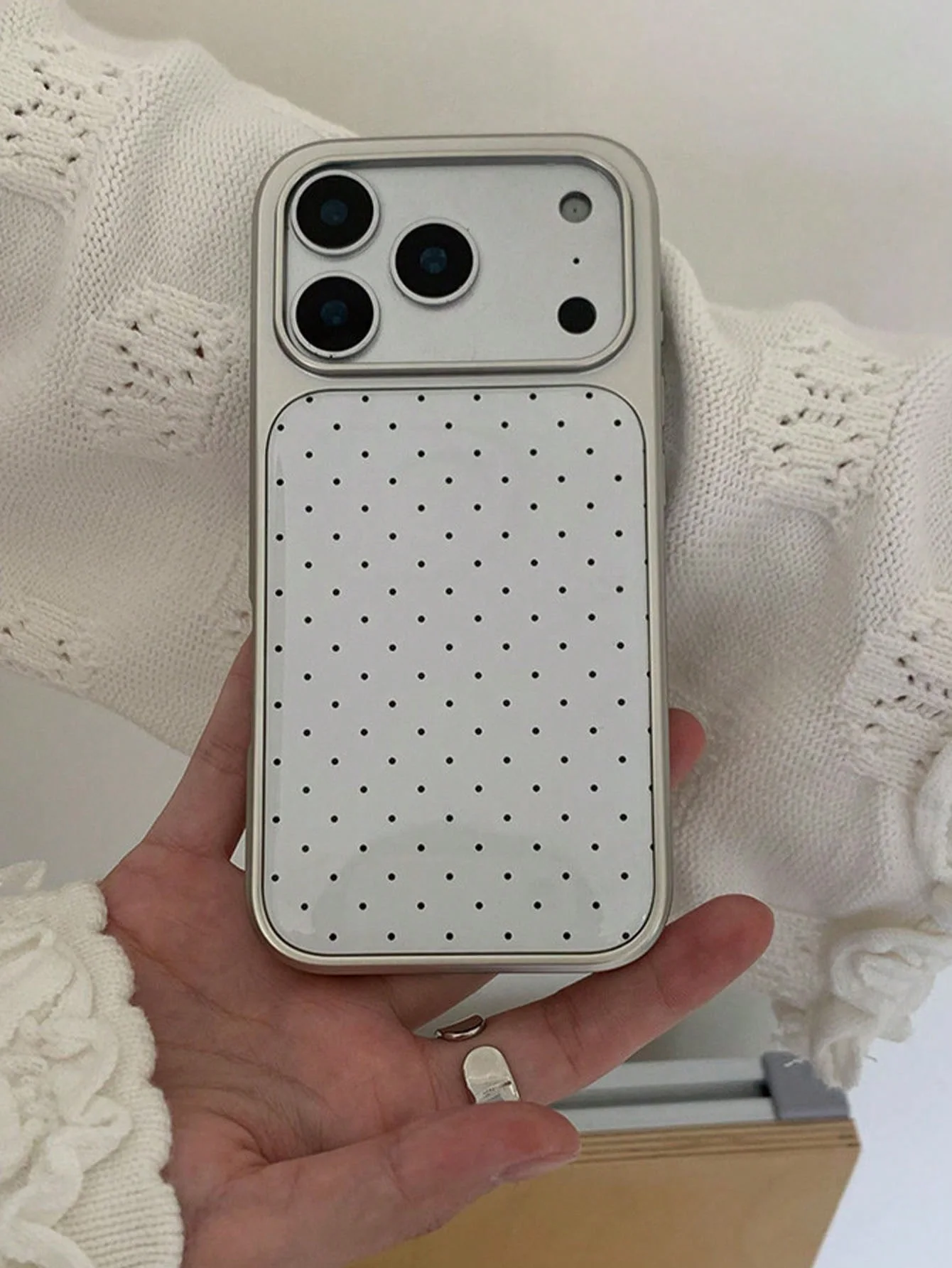 Simple White Polka‑Dot Glossy Soft Cover With Electroplated Silver Frame & Large Camera Window ForiPhone11‑13-16-17-18Pro ProMax view 5