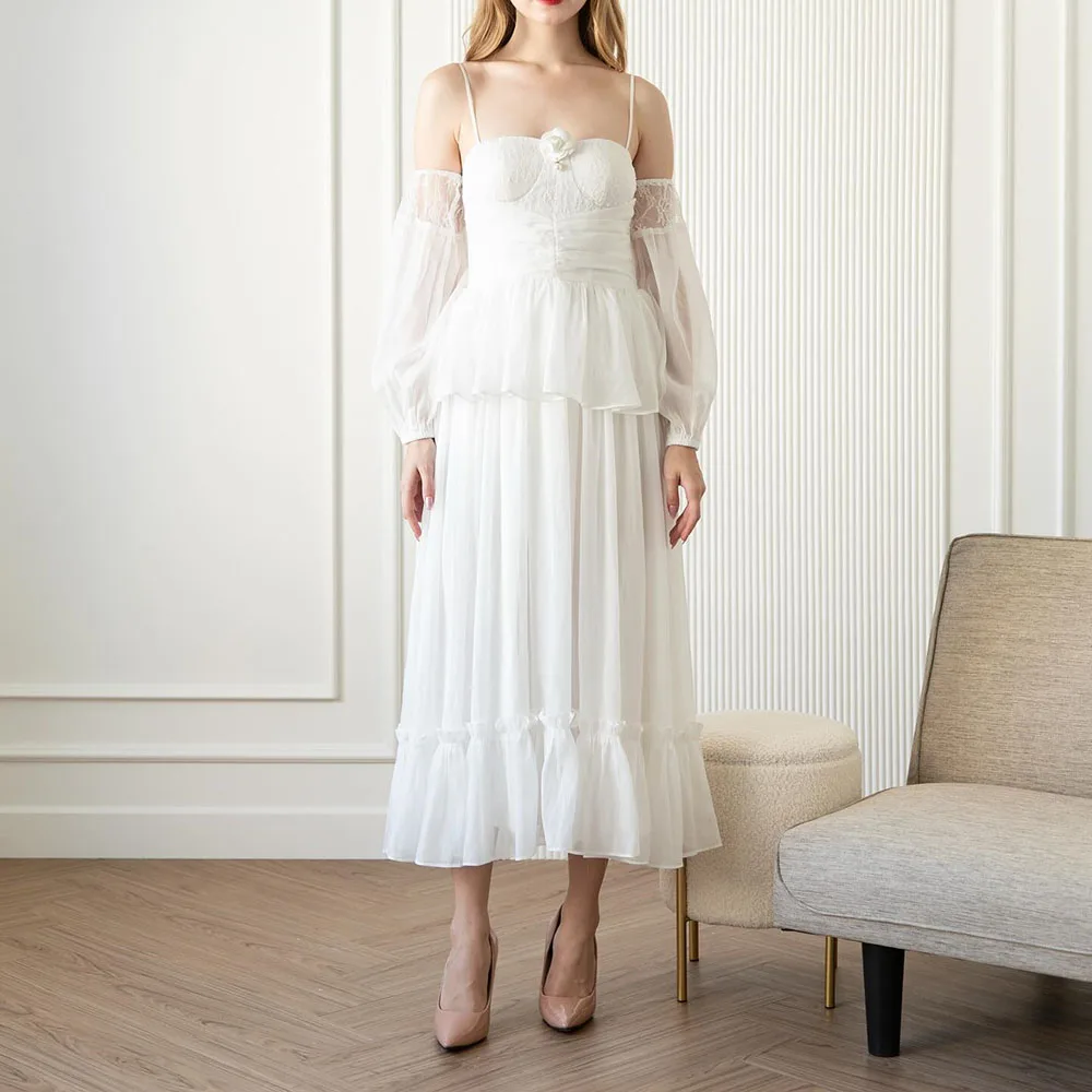 Customized A-line Evening Dresses Tea-length Spaghetti Strap Three Quarter Sleeve Prom Gown Fashion Flowers Draped Party Gown