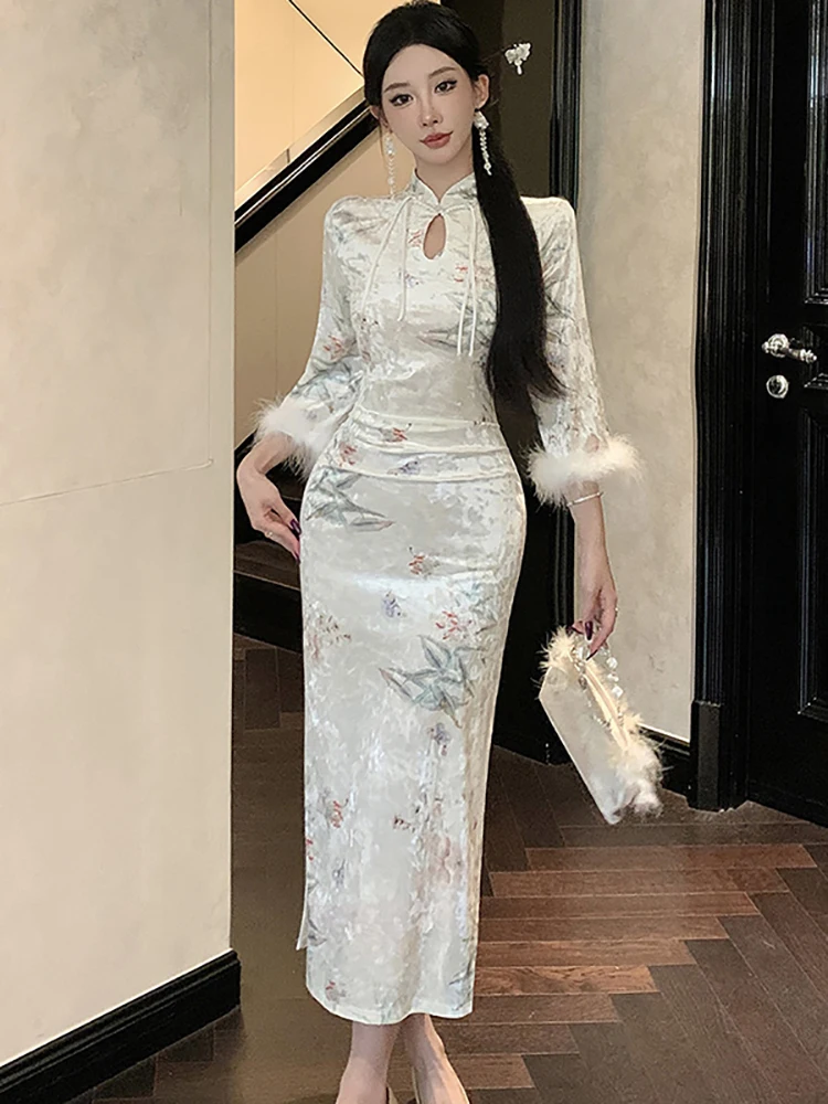 2023 Floral Samt Satin Stehkragen Langes Kleid Frauen Koreanische Elegante Luxus Festival Kleid Herbst Winter Bodycon Abendkleid