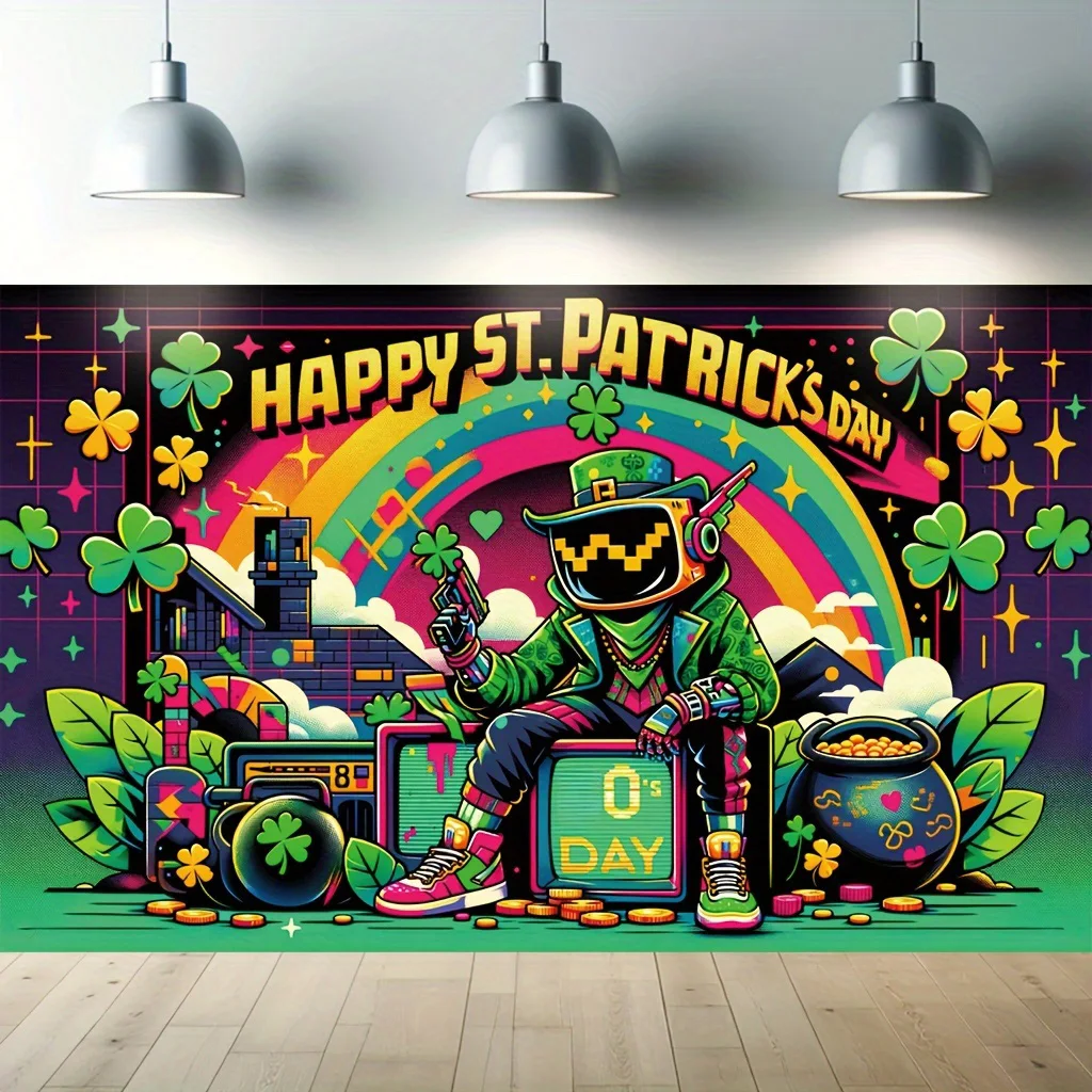 Saint Patrick's Day Background Cloth Party Decoration Green Clover Banner Gold Coin Green Hat Decoration Photography Background