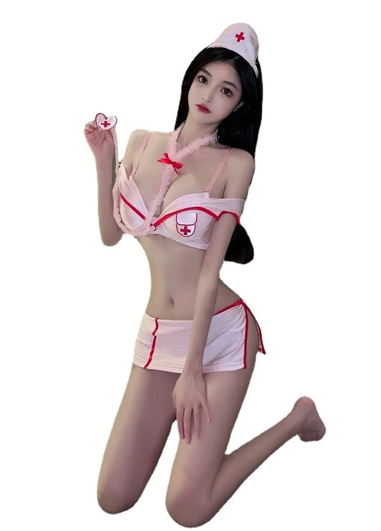 Sweet Mini Pink Dress Tops Fashion Korean Women 2023 New Underwear V One Shoulder Sexy Nurse Split Dress Elegant K4HF