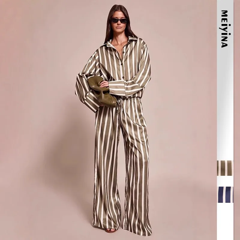 

Striped Long-sleeved Lapel Shirt Loose Shirt Lace-up Trousers Two-piece Home Wear Set Spring Autumn Women's Sports Suit