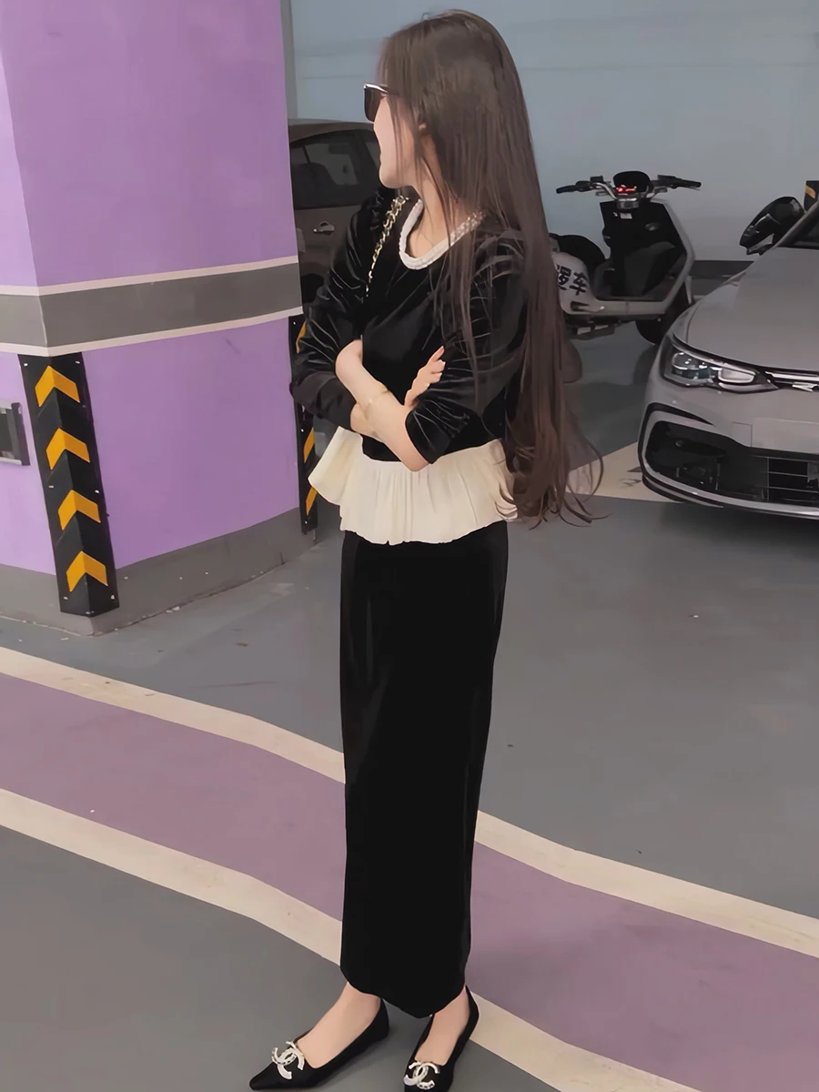 

Бархатный комплект Dr, женская длинная юбка для похудения, модная корейская осенняя новинка, комплект с застежкой на талии