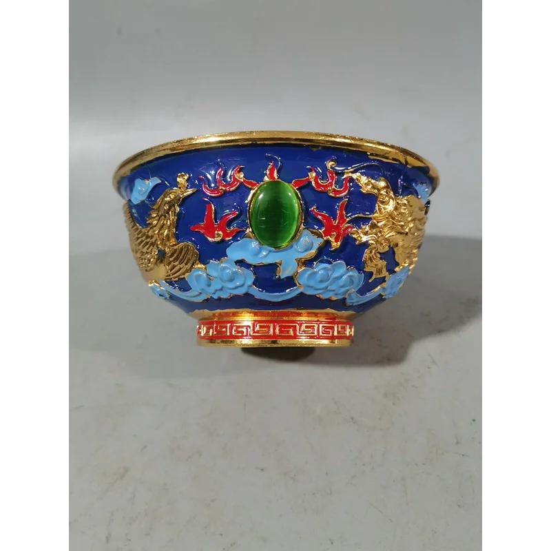 Antique-Style Qianlong Era Cloisonné Dragon and Phoenix Gilt Bowl Home Decor Ornament