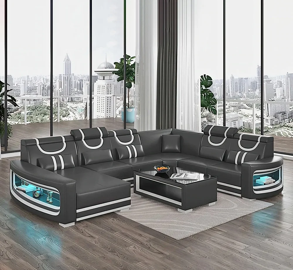 Upgrade Your Living Room with MANBAS Italian Genuine Leather Sofa - 2 Colors Combination, LED Light & Soft Cushions