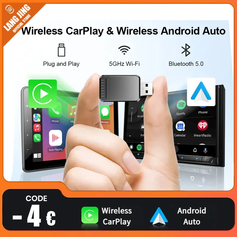 LANGJING NEW Wireless CarPlay AdapterWireless Android Auto Adapter 2 in 1 for Mazda Subaru Citroen Audi Mercedes Kia Ford Opel