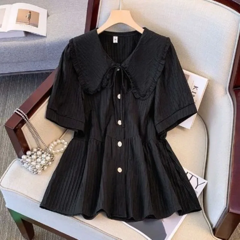 Sweet Drawstring Lapel Blouses Women's 2024 Summer New Korean Commuter Solid Color Spliced Button Ruched Short Sleeve Slim Shirt