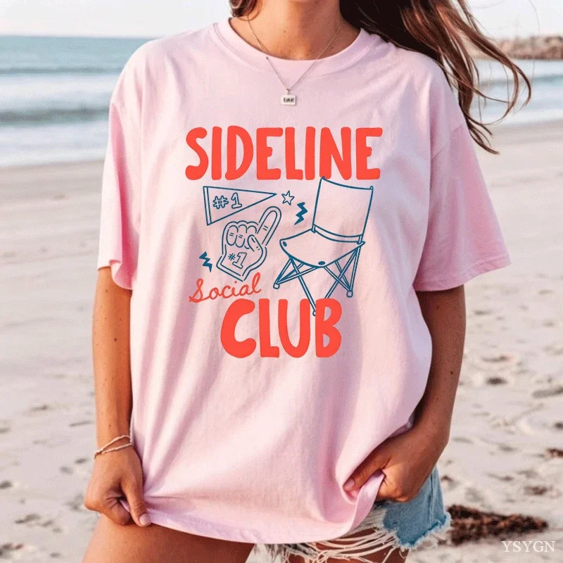 Ladies Tee Sideline Social Club Doodle Chair and Megaphone Hand Drawn Text Graphic Short Sleeve Casual Women Top