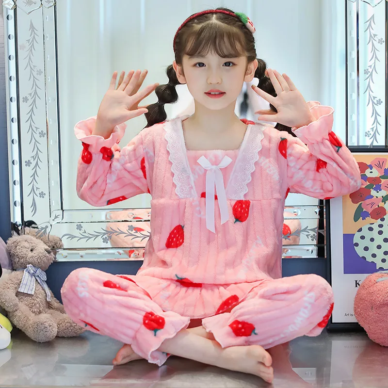 Children Sleepwear Fall Winter Flannel Girl Warm Clothes Suit Sleepwear Children\'s Pyjamas Nightgown Warm Plush Night Clothes