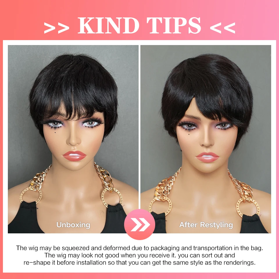 Short Bob Pixie Cut Wigs Straight Human Hair Machine Made Wigs With Bangs Brazilian Remy Hair Wig Ready To Go