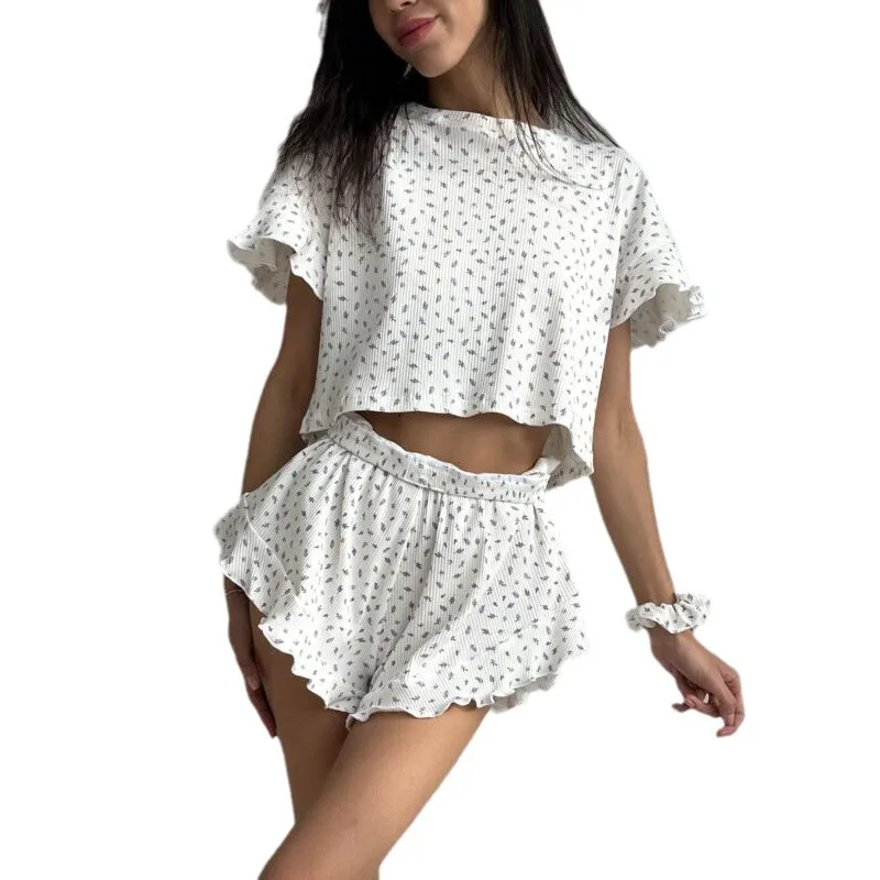 Women\'s Floral Print Pajamas Set Summer Casual Short Sleeve Top Shorts Sleepwear 2 Piece Set Loose Round Neck Home Loungewear