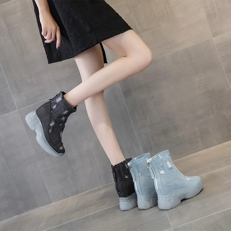 Women Ankle Boots Platform Shoes Wedge High Heel Denim Zip Women Booties Spring Autumn Summer Shoes Fashion Booties 2024