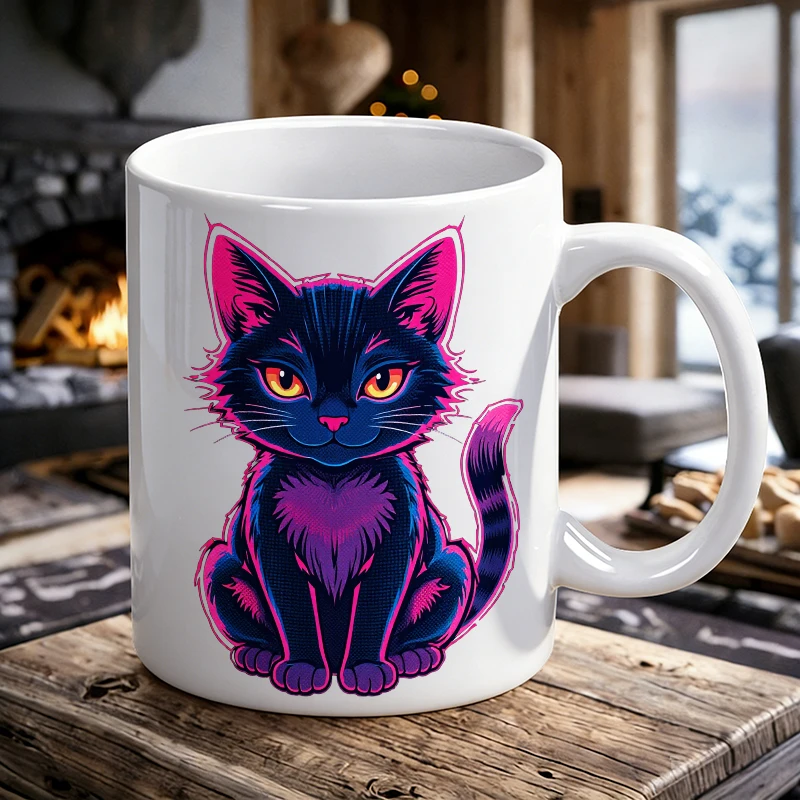 

1PCS Neon Cyber Black Cat Ceramic Mug with Handle, Creative Coffee Mug, Milk Cup, Office Tea Cup, Drinking Cup, Fade-Resistant,