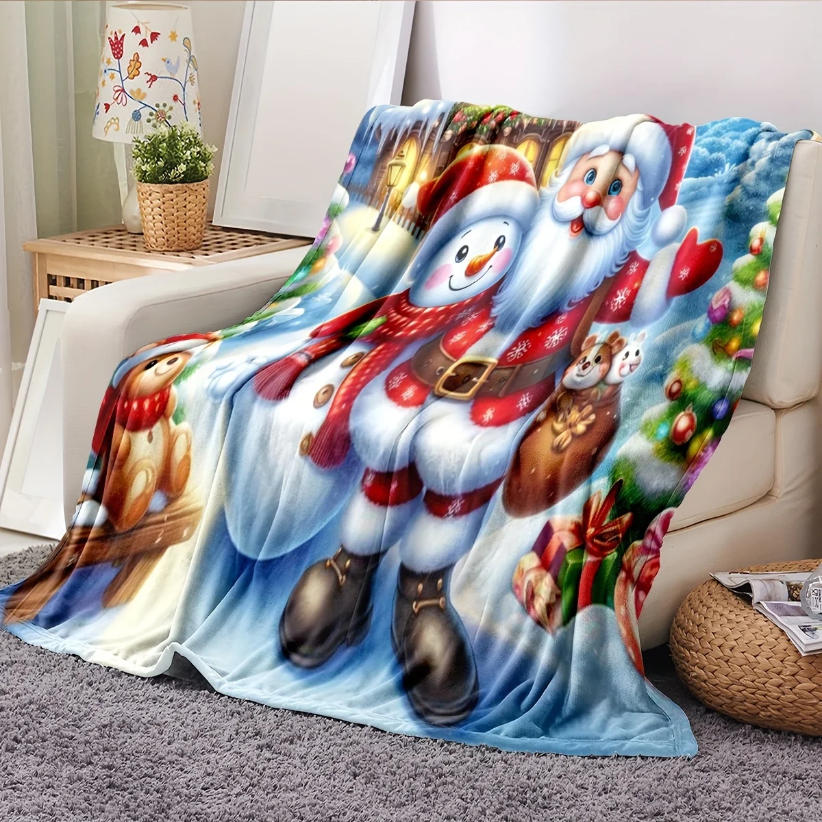 Coperta natalizia in flanella ultra morbida: design di Babbo Natale e pupazzo di neve, perfetta per divano, camera da letto o regalo: adatta alle allergie, versatile