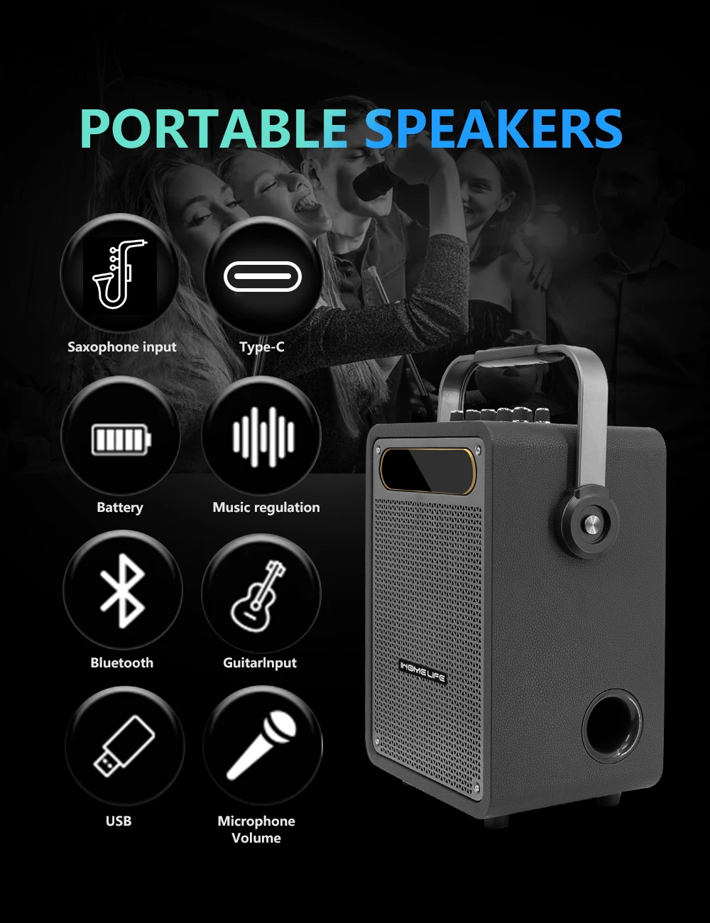 OEM Portable BT Karaoke Speaker Built-in Battery Type-C Charging Guitar Input Outdoor Performance Speaker