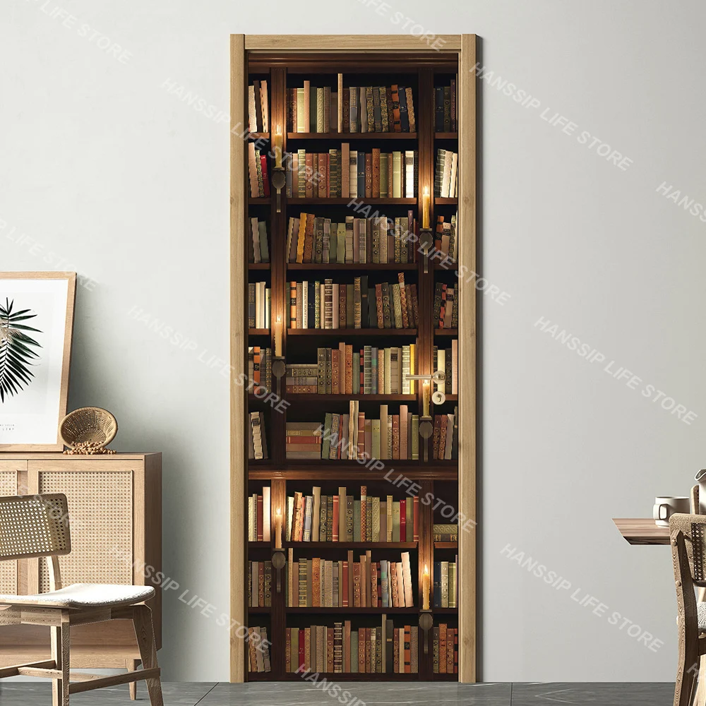 Sticker Porte 3D Auto-Adhésif Bibliothèque Rétro Brun - 83x205 Cm, Décoration Murale DIY Imperméable
