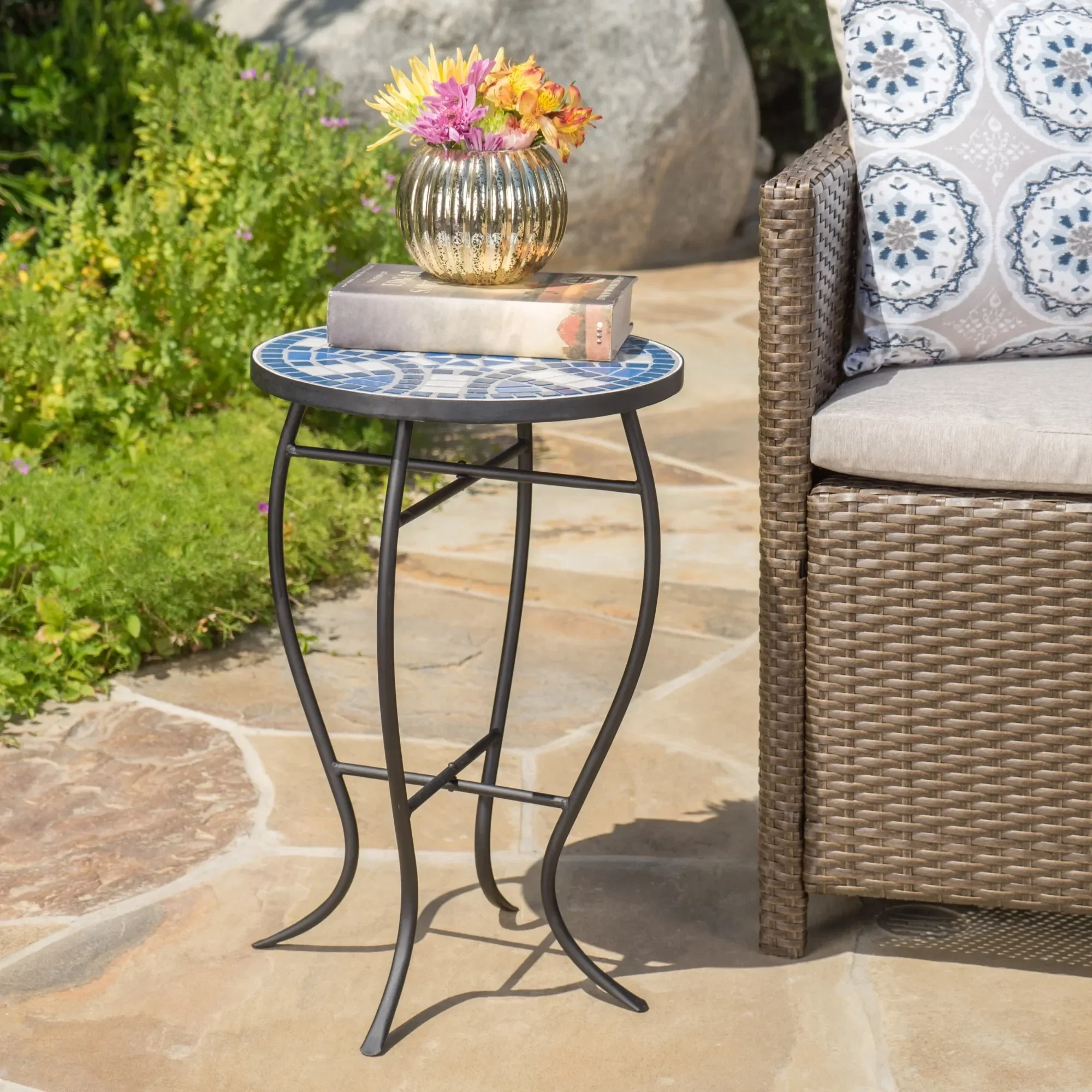 Outdoor Ceramic Tile Side Table Blue & White with Iron Frame, Weather Resistant Accent Table for Patio & Garden