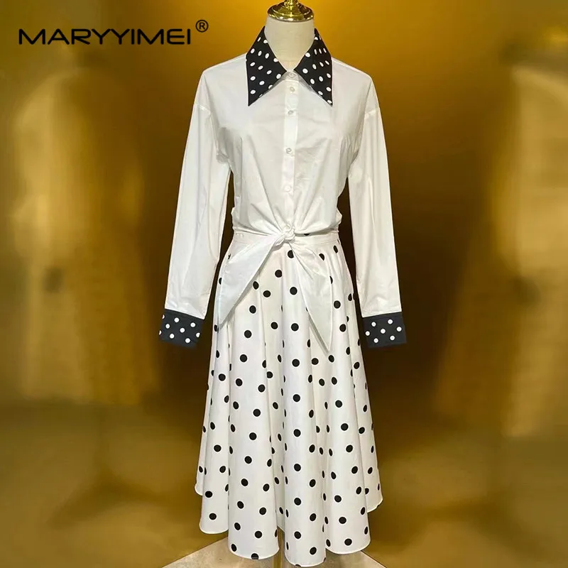 

MARYYIMEI Fashion Women's Suit Autumn and Winter Turn-Down Collar Single-Breasted Tops+Basic Skirt Dot Print Cotton 2 piece set