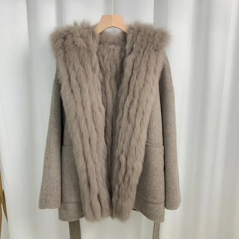 

2023 Woolen fur,Woman Real woolen coats With High-Grade real fox fur lIned warm Warm Reversible fur Jacket D034.