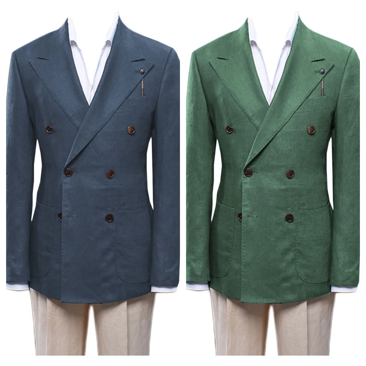 

Spring Summer Navy Blue Linen Double-breasted Elegant Men's Suit Jacket Blazer Pants men's Suit Wedding Suitable Business