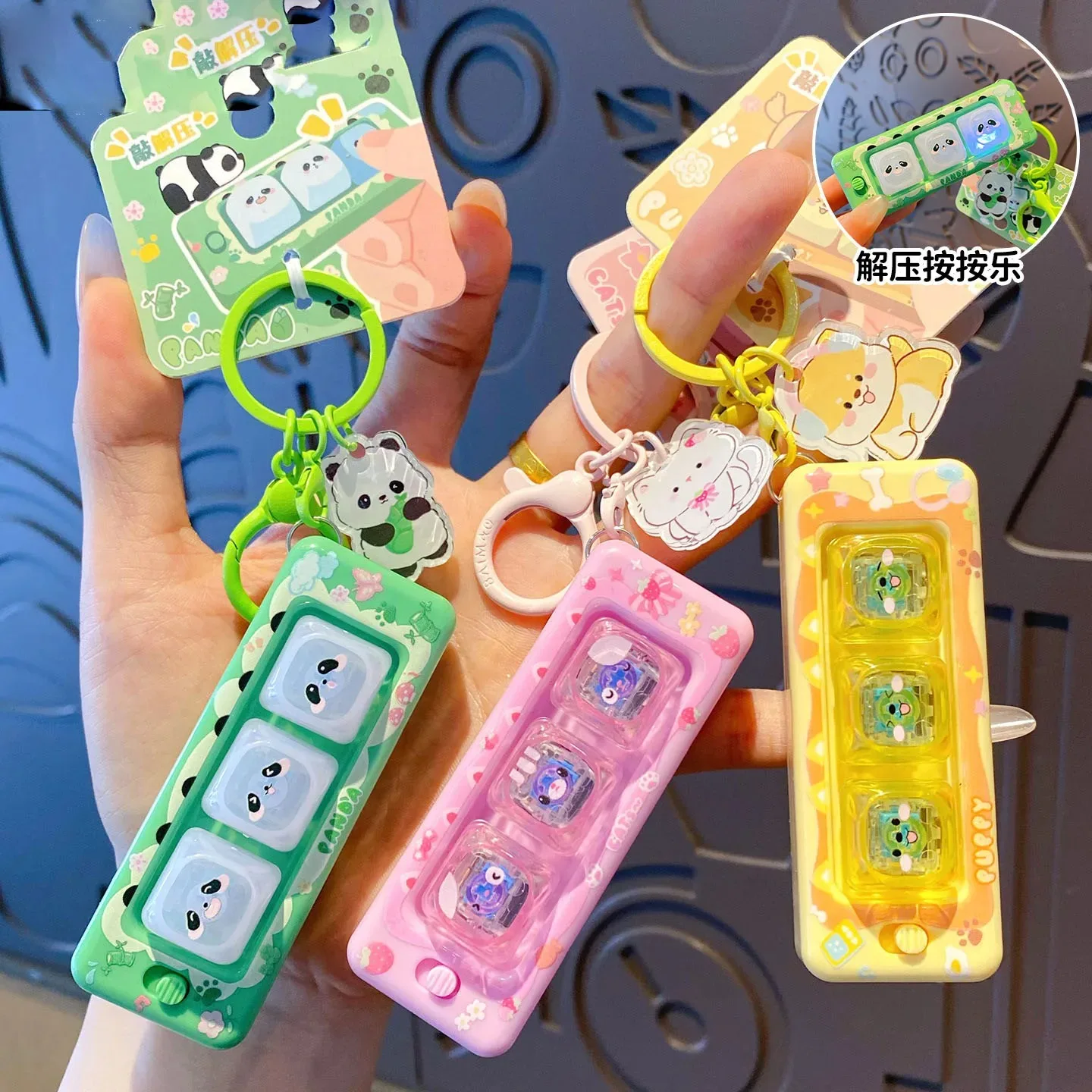 3Grids Glowing Puppies Panda Keycap Keyring Clicker Keyboard Pendant Decompression Fidget Toy Keychain Backpack Pendant Toy Gift