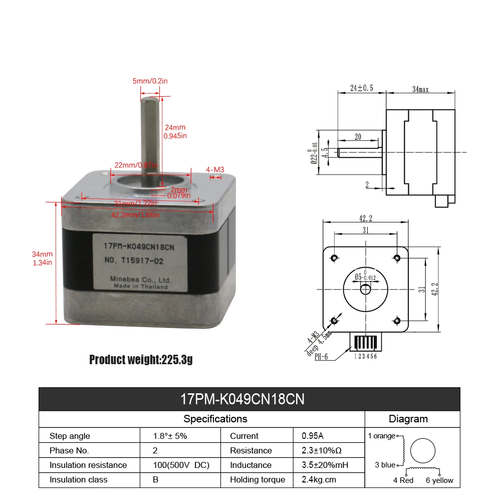 HLTNC Stappenmotor met laag koppel Nema17 0,23 nm Motor42HS34-A5-A24 0,95 2-fase hybride stappenmotor voor CNC-router