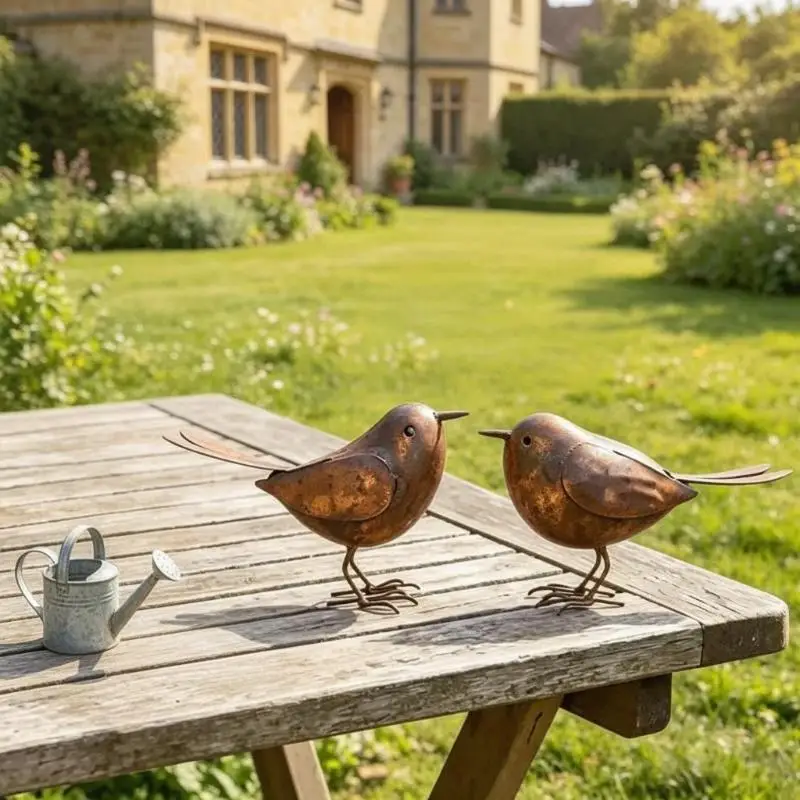 2Pcs Rusty Metal Garden Bird Statues Suitable For Flower Beds Patios Lawns And Farmyard Decor