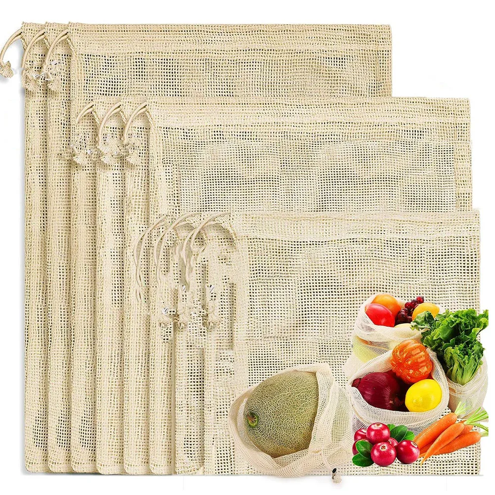 

3pcs Reusable Cotton Mesh Produce Shopping Bags Washable Eco Premium Net mesh Bags for Veggie Fruit Vegetable Grocery Storage