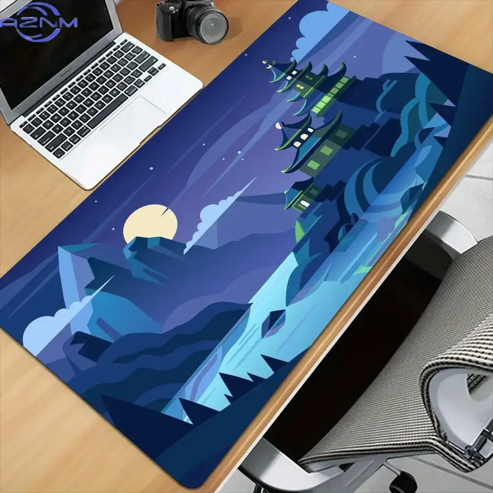 Full moon and pagoda scenery large Mouse Pad Desk Mat Stitched Edge Non-Slip Keyboard Gaming pad office rug Mouse carpet