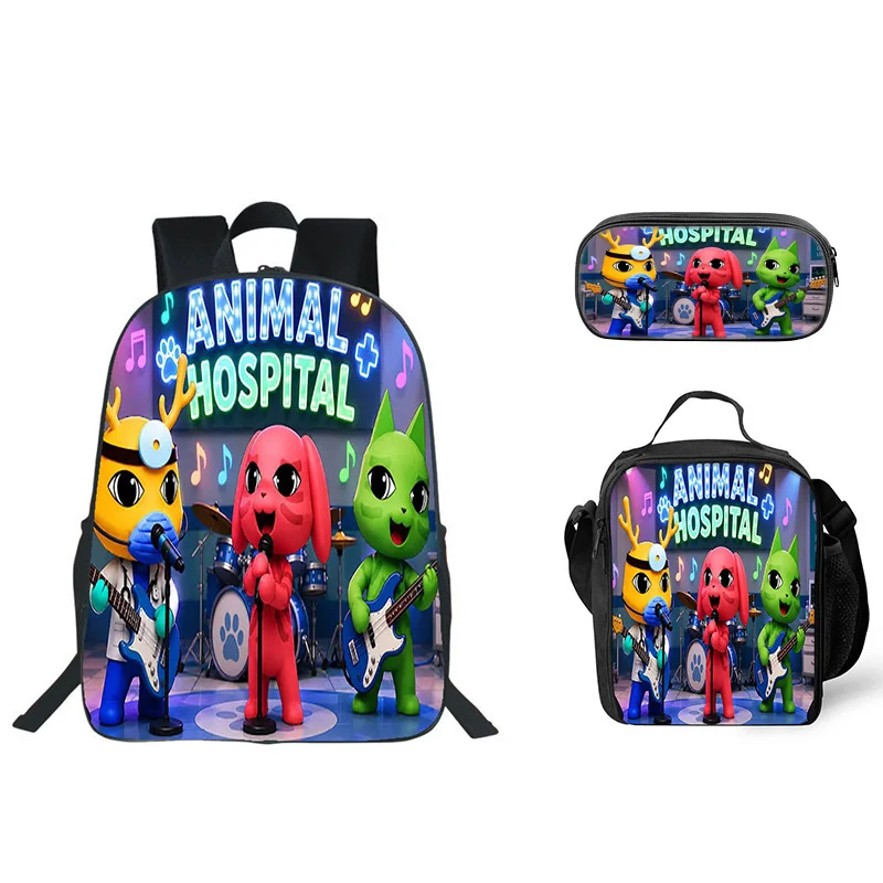 3Pcs 40cm Animal Hospital Backpack School Bag Kids Student Bookbag Lunch Bag Pencil Case Cartoon Travel Gift for Boys Girls