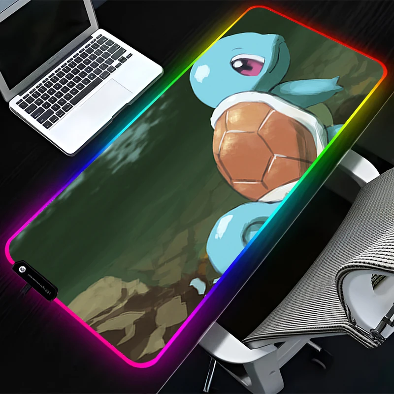 RGB LED Mouse Pad Rubber HD Mousepad Computer Gaming Accessories Keyboard Pad Office Non Slip Desk P-pokemon Squirtle Mouse Mat