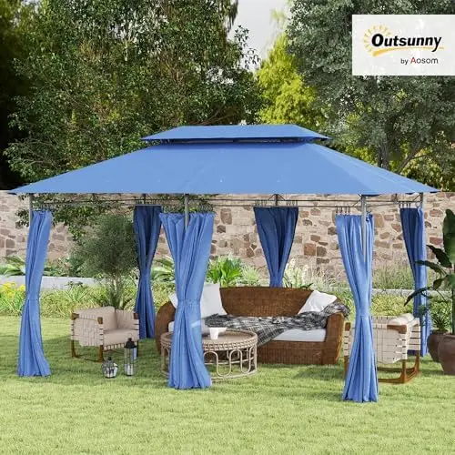 10' x 13' Patio Gazebo, Double Roof Outdoor Gazebo Canopy Shelter with Curtains, Solid Metal Frame for Garden, Lawn