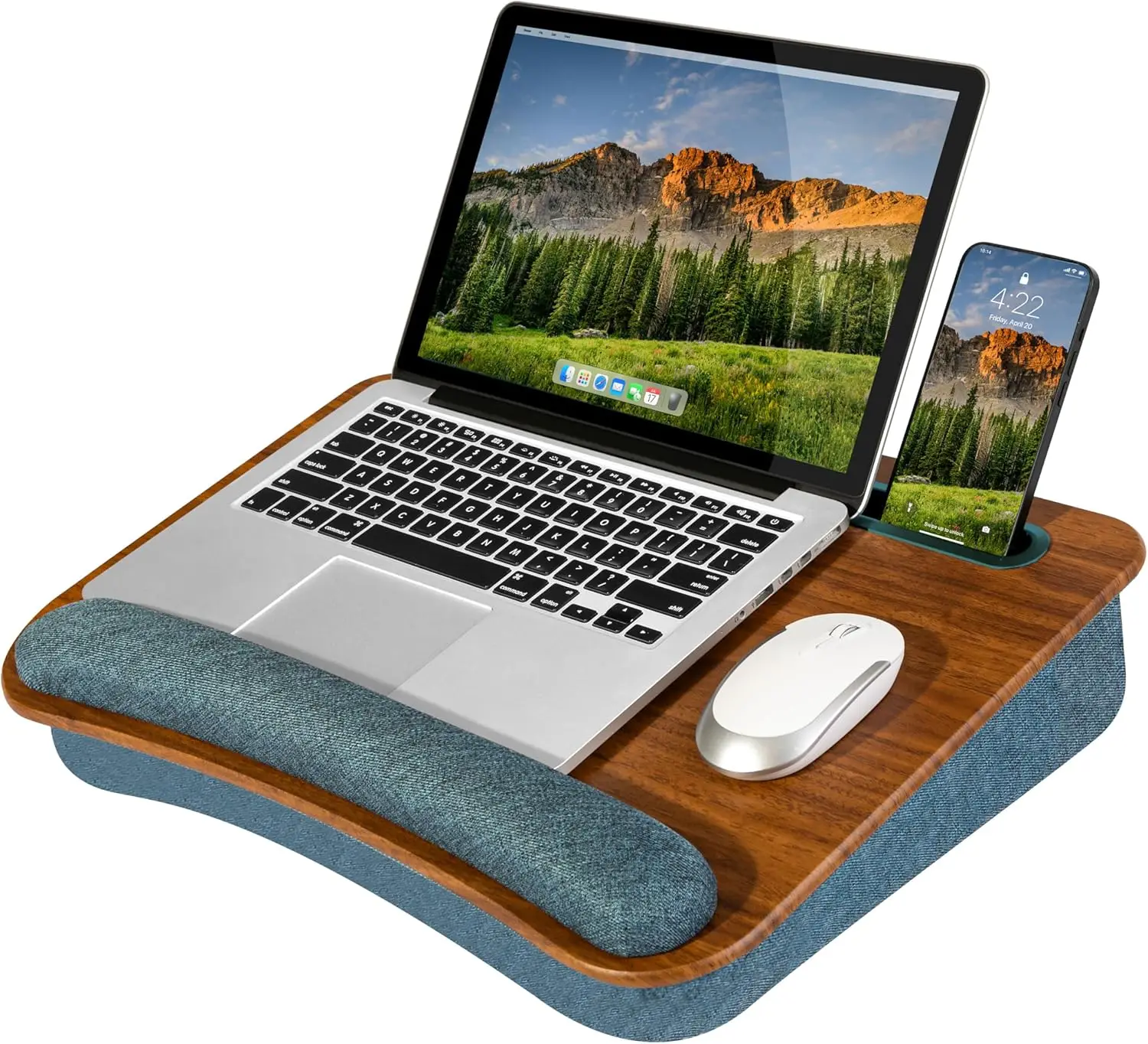 

Portable Laptop Lap Desk with Pillow Cushion, Anti-Slip Strip, Tablet or Phone Storage Slot, Pen and Pencil Pocket, and Wrist