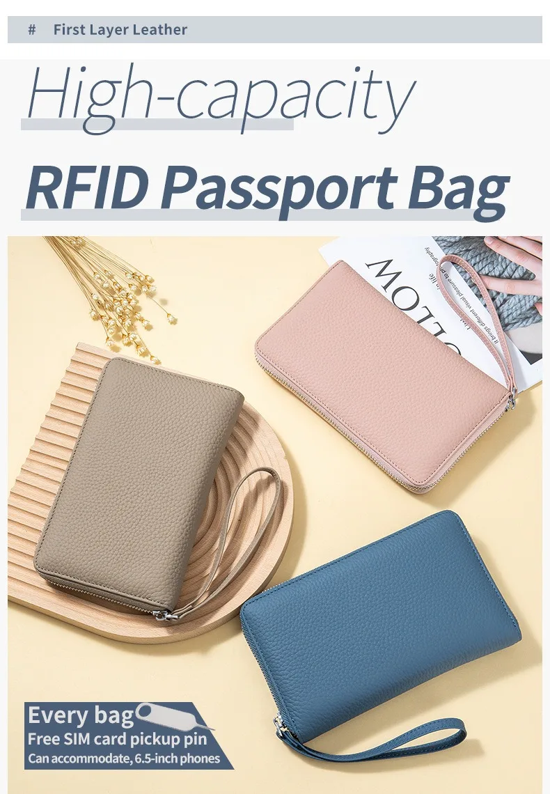 Genuine Leather RFID Travel Passport Cover Case Long Wallet Bag Card Holder Cowhide Coin Purse Document Cover For Men Women